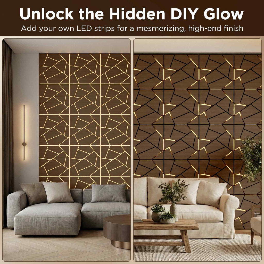 MuroPanel Abstract Polygon Acoustic Wood Slat Wall Tiles 4-Pack 24"x24", Modern 3D Wall Panels, Walnut