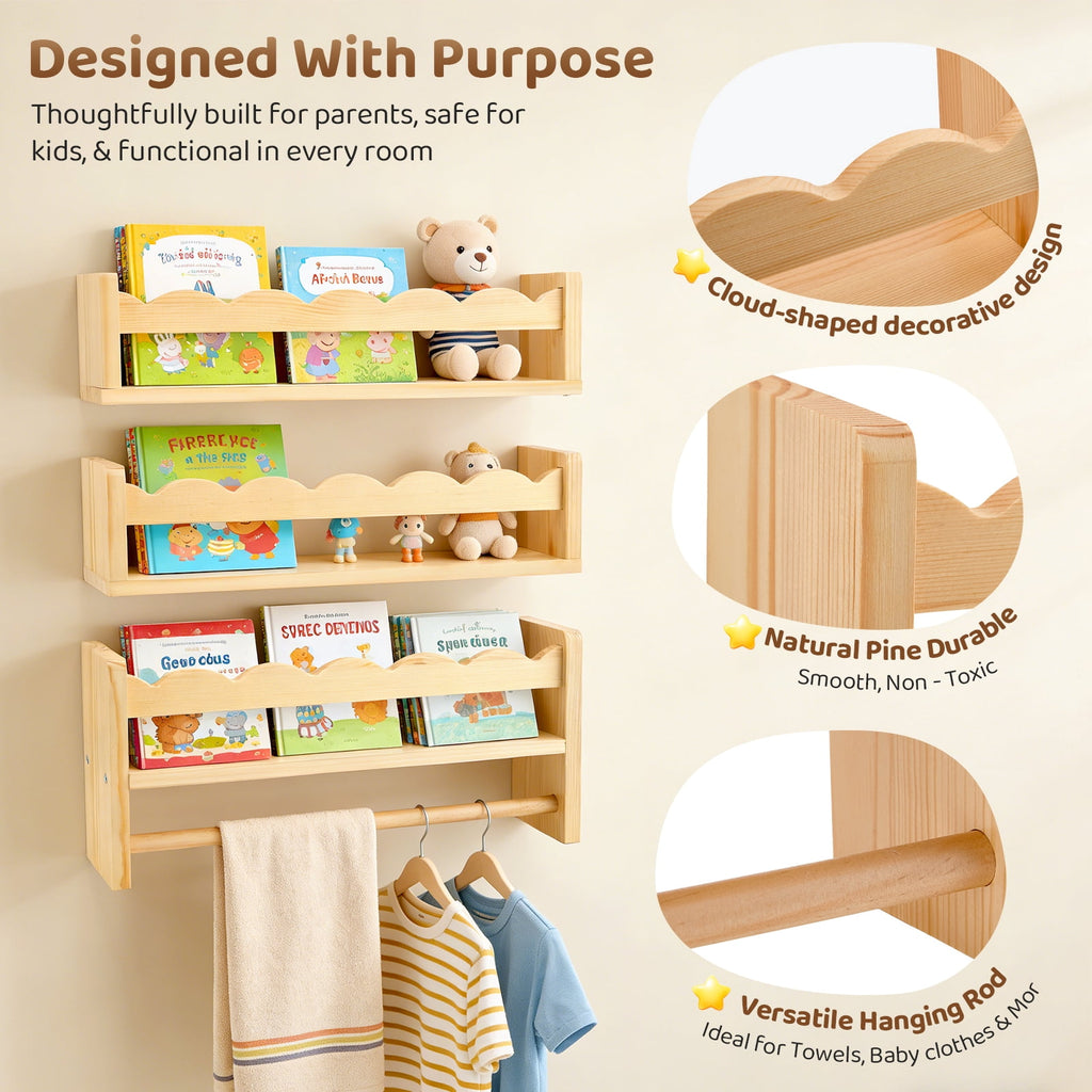 AMTPM Nursery Book Shelves, Wood Floating Shelves for Wall Kids, Scalloped Wall Shelves with Towel Rack for Bedroom Kids Toddler Room, Baby Room, Nursery Decor and Storage(3 Pack)