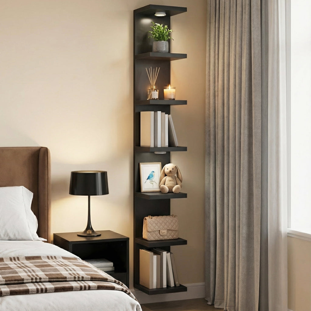 Fairy Black Wall Mounted Display Shelf with LED Lights, 7-Level Floating Storage Rack for Bedroom, Living Room, Closet Decor