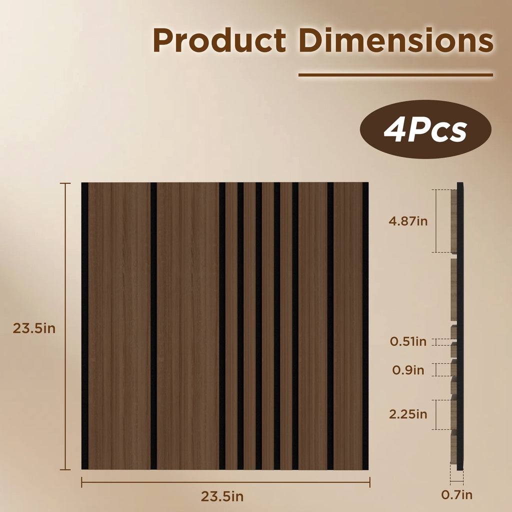 MuroPanel Dynamic Linear Acoustic Wood Slat Wall Tiles 4-Pack 24"x24", Modern Walnut 3D Wall Panels