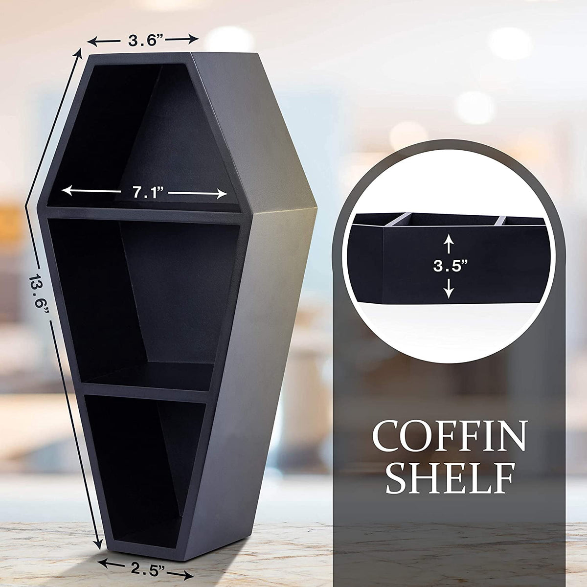 Manny's Mysterious Oddities Black Coffin Shelf - Spooky Gothic Decor for the Home-Floating Wooden Shelf for Wall or Table Top
