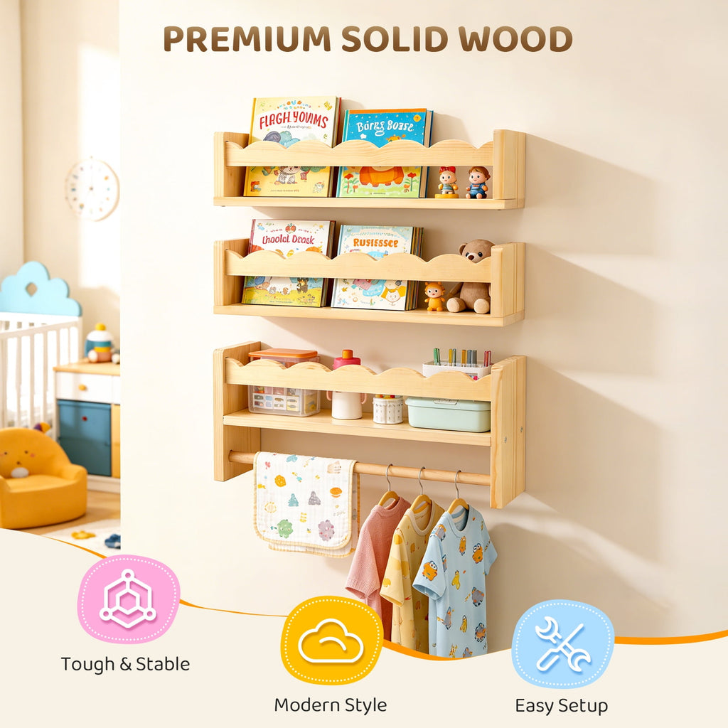 AMTPM Nursery Book Shelves, Wood Floating Shelves for Wall Kids, Scalloped Wall Shelves with Towel Rack for Bedroom Kids Toddler Room, Baby Room, Nursery Decor and Storage(3 Pack)