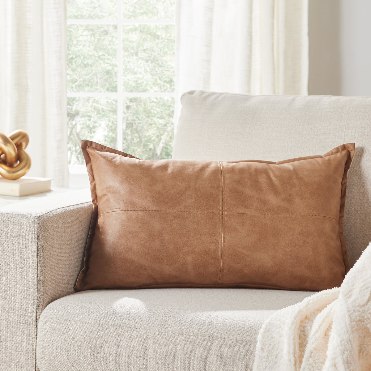 (2 pack) Better Homes & Gardens 14" x 24" Beige Vegan Leather Decorative Pillow