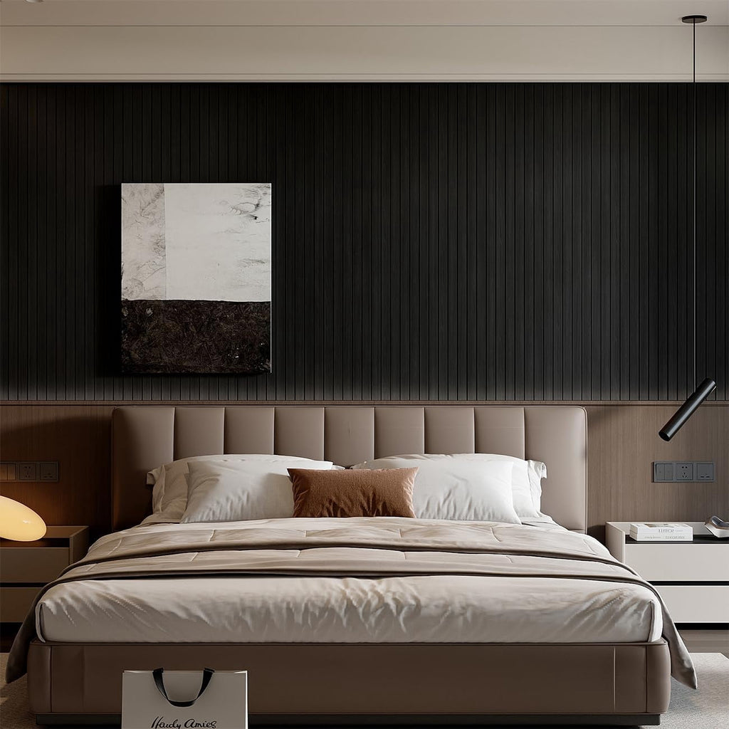 Peel and Stick PVC Slat Wall Panel 118"x15.75" Self-Adhesive Thick Faux Black Wood Grain Wallpaper Panel 3D Soundproof Wall Panels for Walls & Ceilings