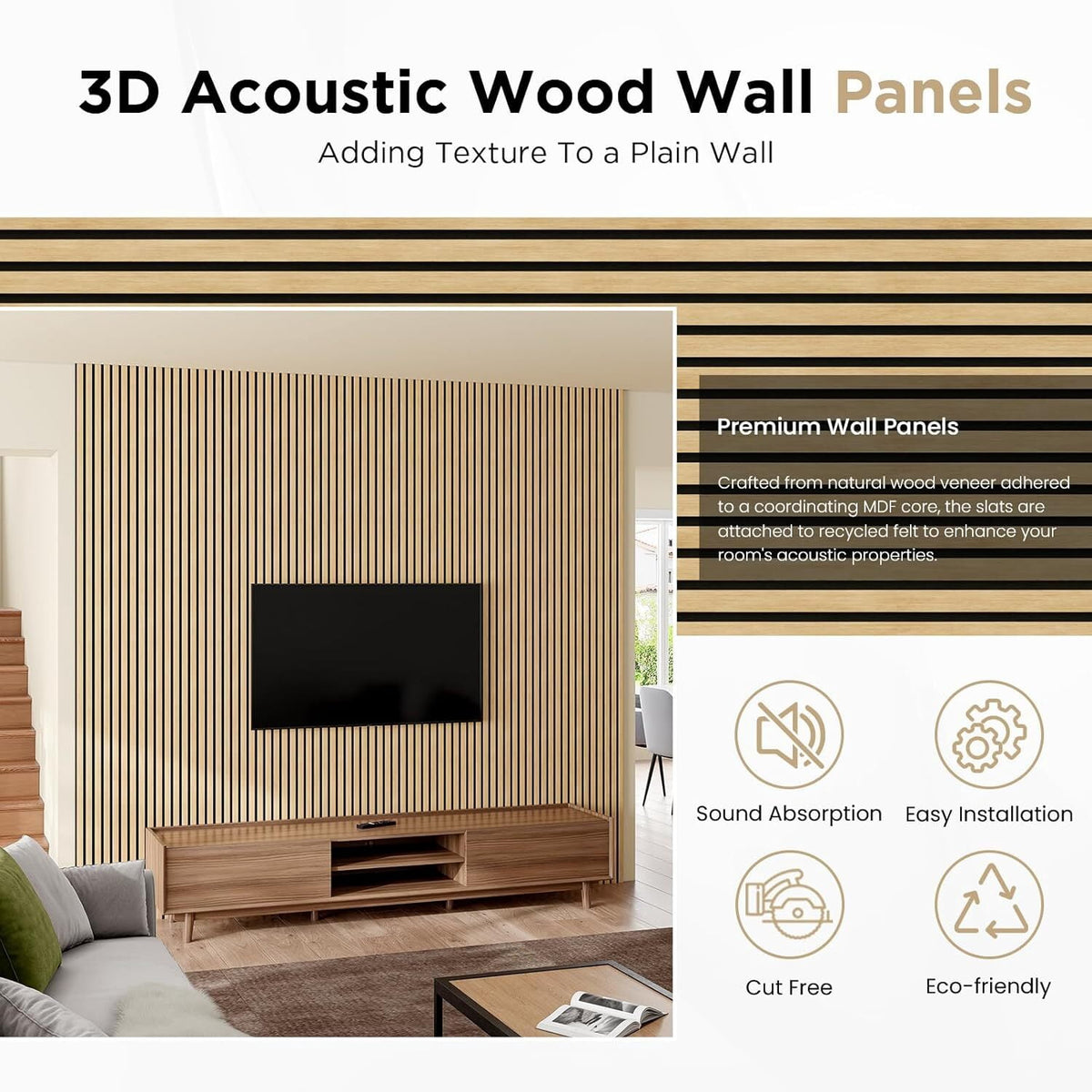 Easy4Home 6Pcs Wood Soundproof Wall Panels 94" x 7.9" Wood Slat Acoustic Panels,White Oak