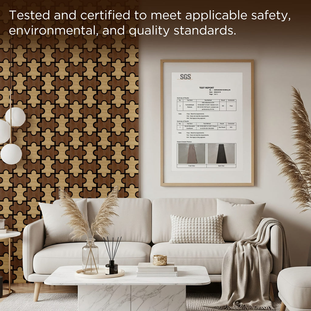 MuroPanel Interlocking Jigsaw Acoustic Wood Slat Wall Tiles 4-Pack 24"x24", 3D Wall Panels, Caramel