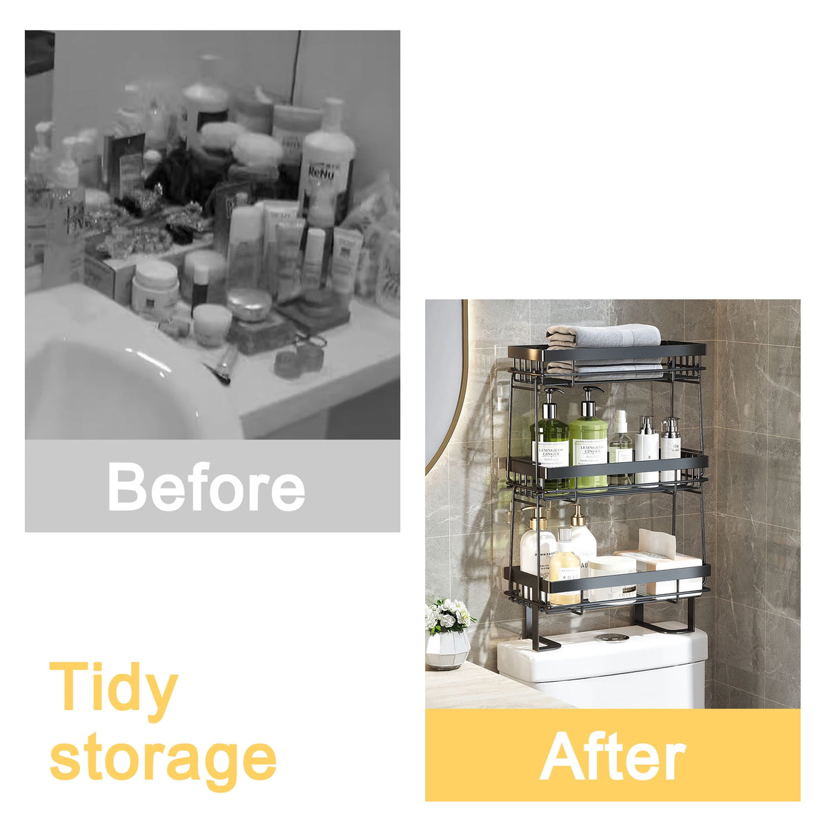 Junjian Over The Toilet Storage Shelf, 3-Tier Bathroom Storage Organizer Upgrade Punch-Free Toliet Storage Shelf, Home Storage Rack with Hooks Shelf
