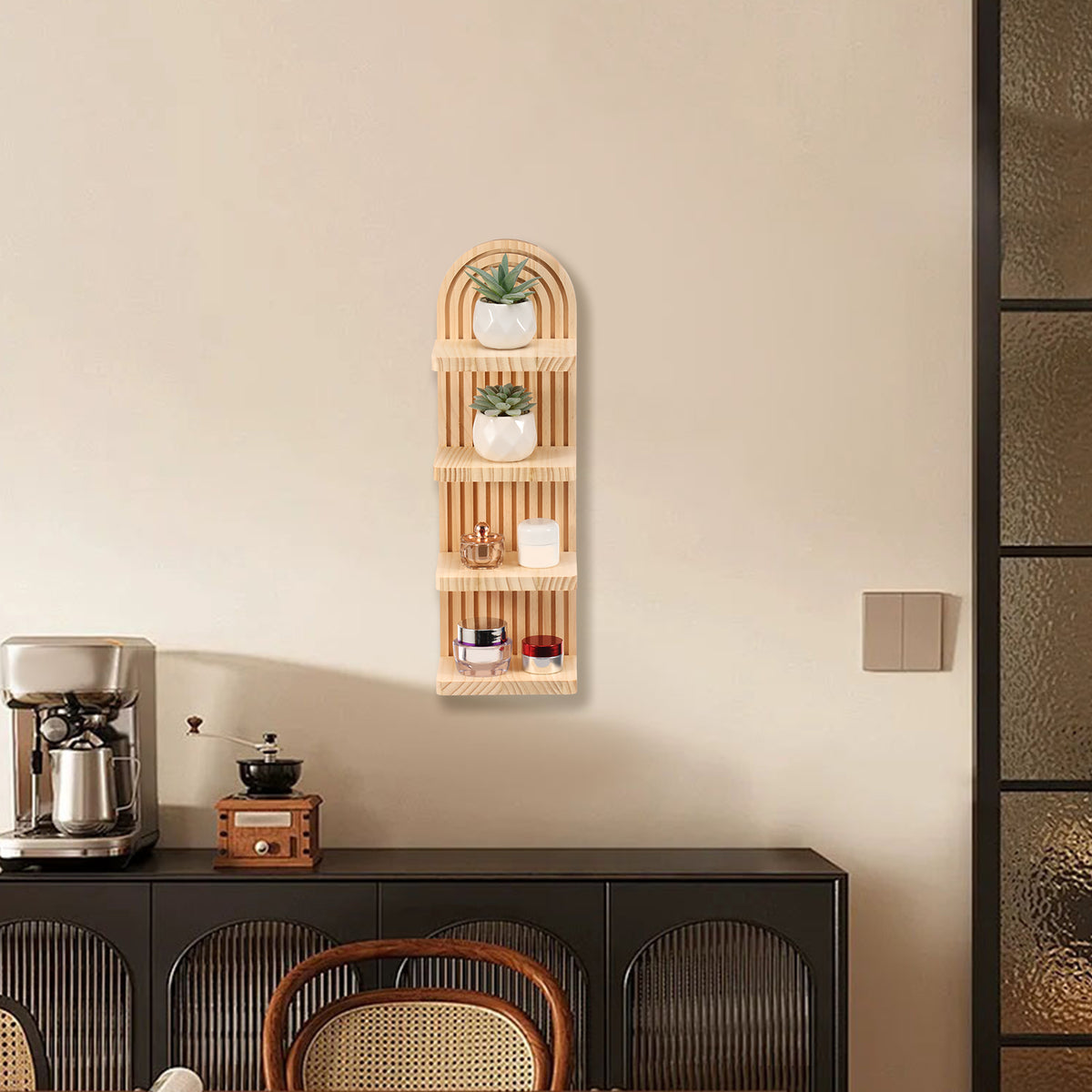 FKSZLL Boho Wall Shelf with Arched Wood Design Floating Shelf Mid-Century Rainbow Decor Wall Shelf for Home Bedroom Living Room Bathroom Office, 18.9 x 5.7 x 4.33 Inch, 4 Tier