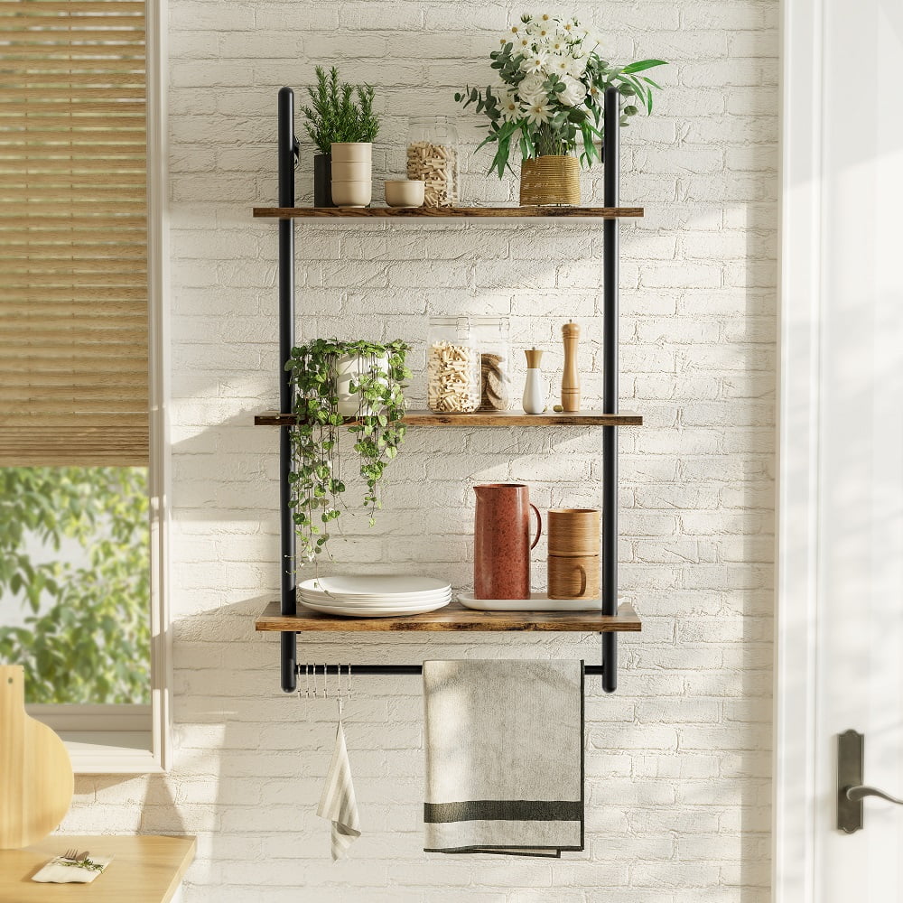 Bestier 38 inch Wall Mounted Floating Shelves with Towel Bar & Hooks Bookshelf in Rustic
