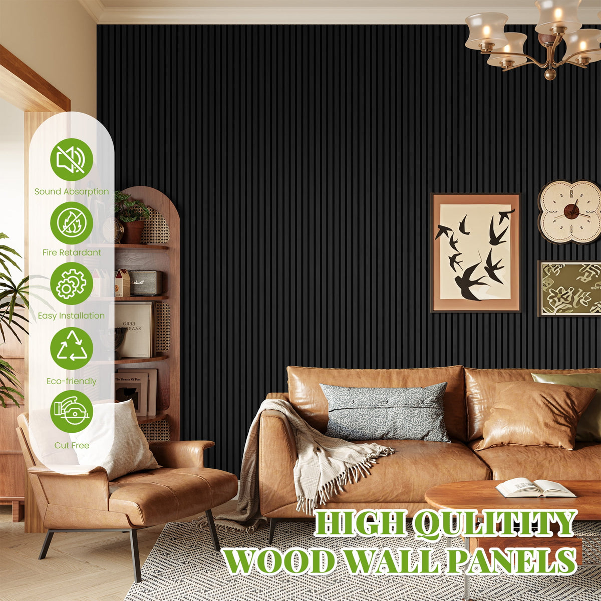 Easy4Home 2Pcs 106"x12.6" Wood Slat Acoustic Wall Panels, 3D Fluted Soundproof Decorative Panels for Interior Walls, Black Oak