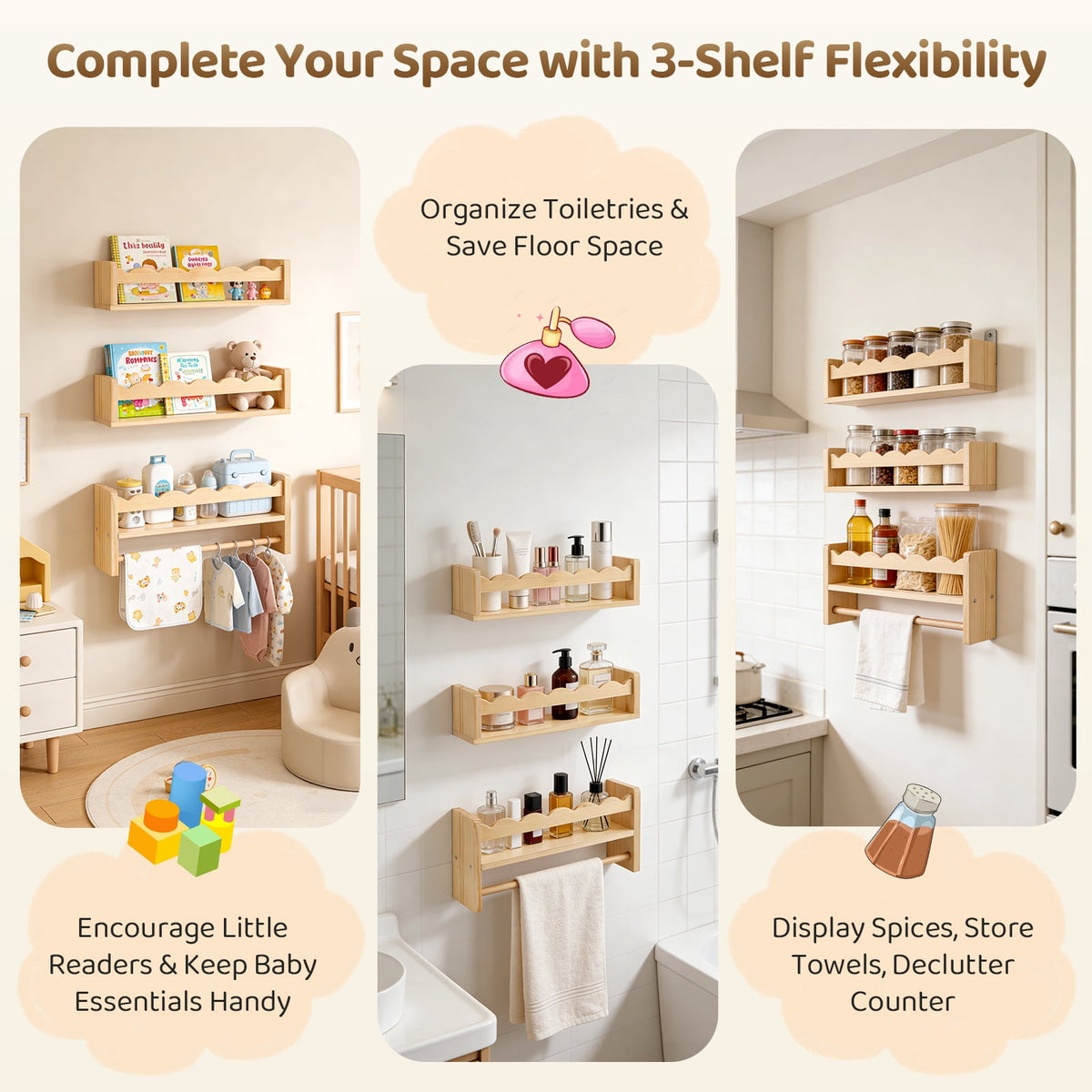 AMTPM Nursery Book Shelves, Wood Floating Shelves for Wall Kids, Scalloped Wall Shelves with Towel Rack for Bedroom Kids Toddler Room, Baby Room, Nursery Decor and Storage(3 Pack)