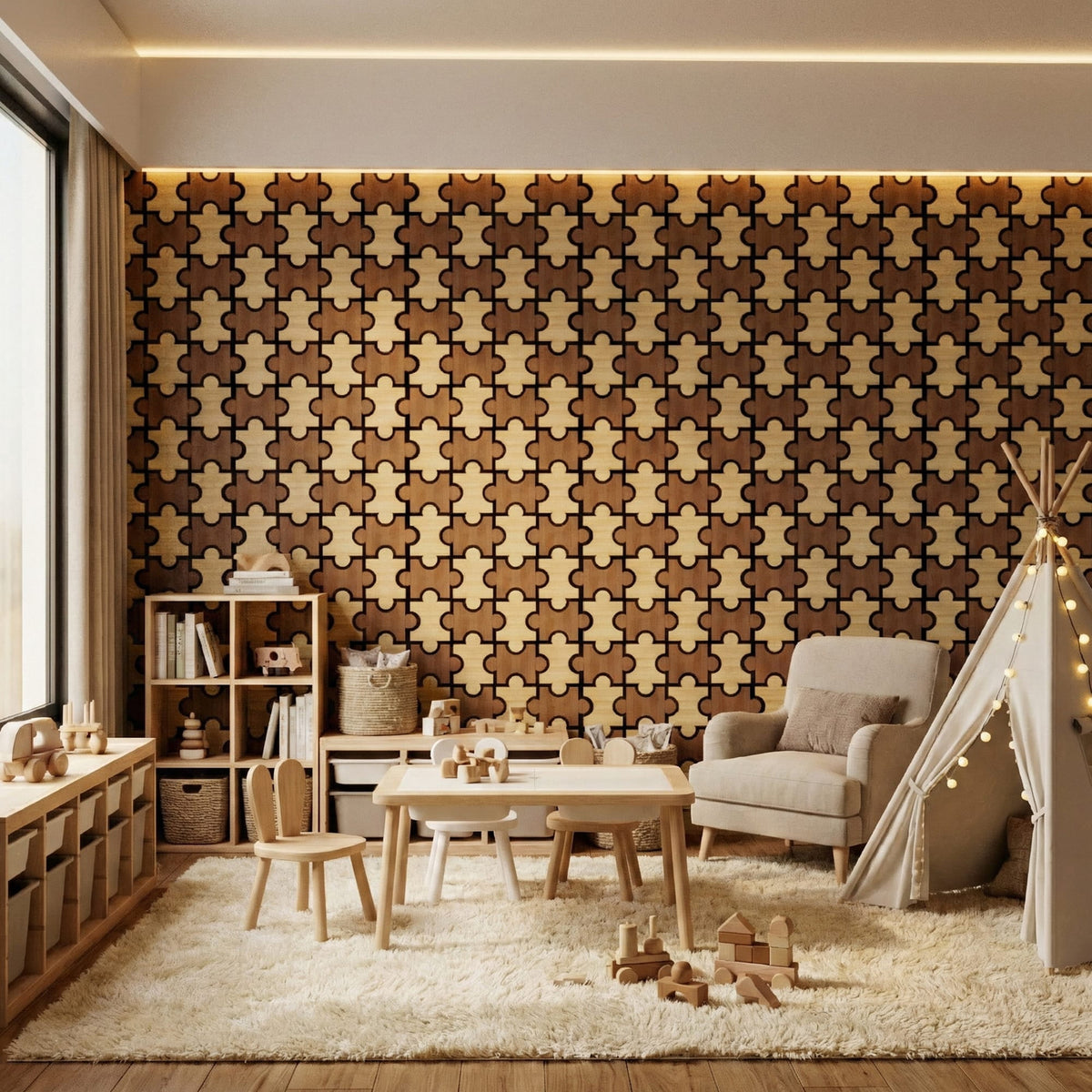 MuroPanel Interlocking Jigsaw Acoustic Wood Slat Wall Tiles 4-Pack 24"x24", 3D Wall Panels, Caramel