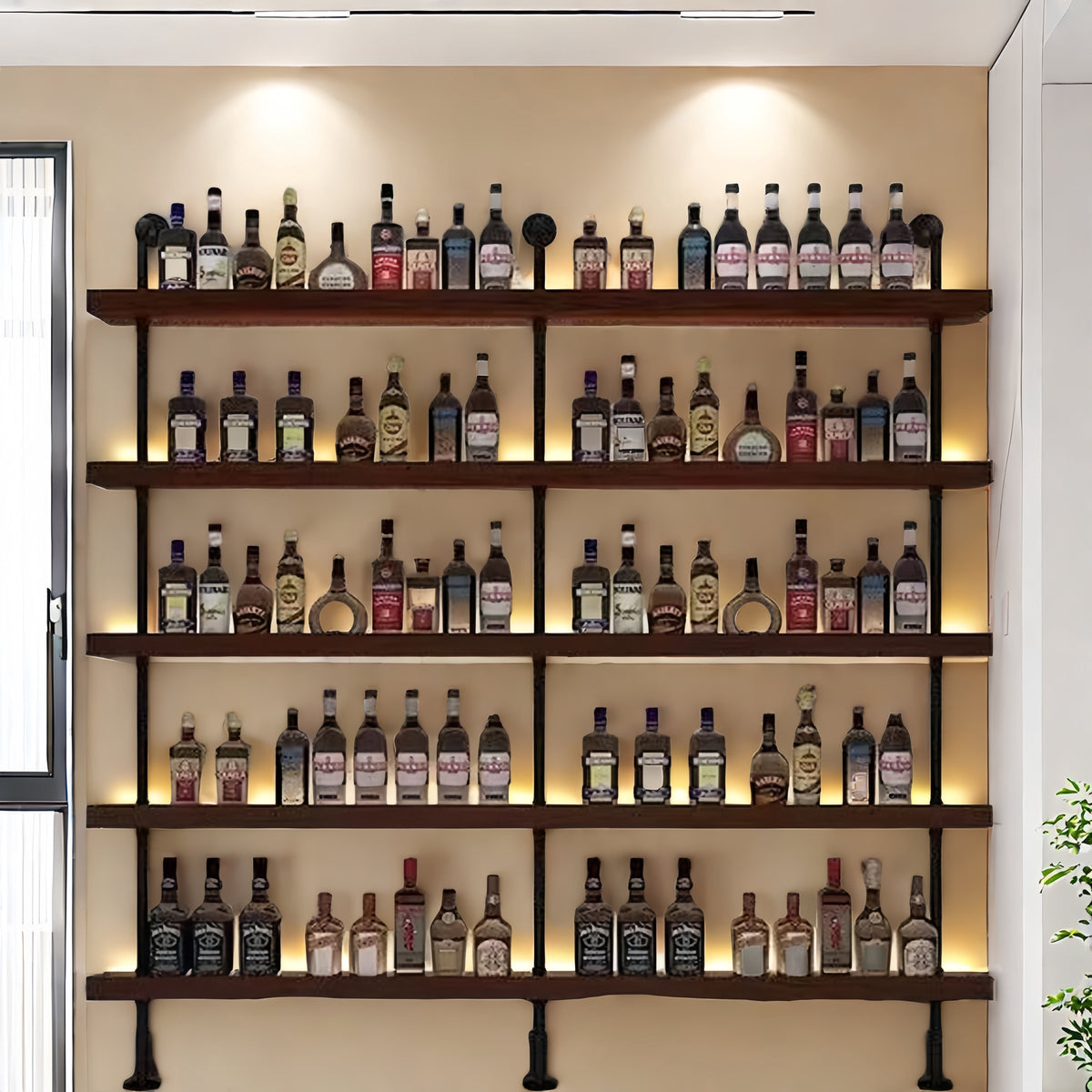 71in Industrial Wall Mounted Wine Rack, 5-Tier Rustic Metal Floating Shelves, Large Capacity Wall Bar Shelves for Liquor Bottles for Home Bar & Dining Room, Walnut(Without Lights,)
