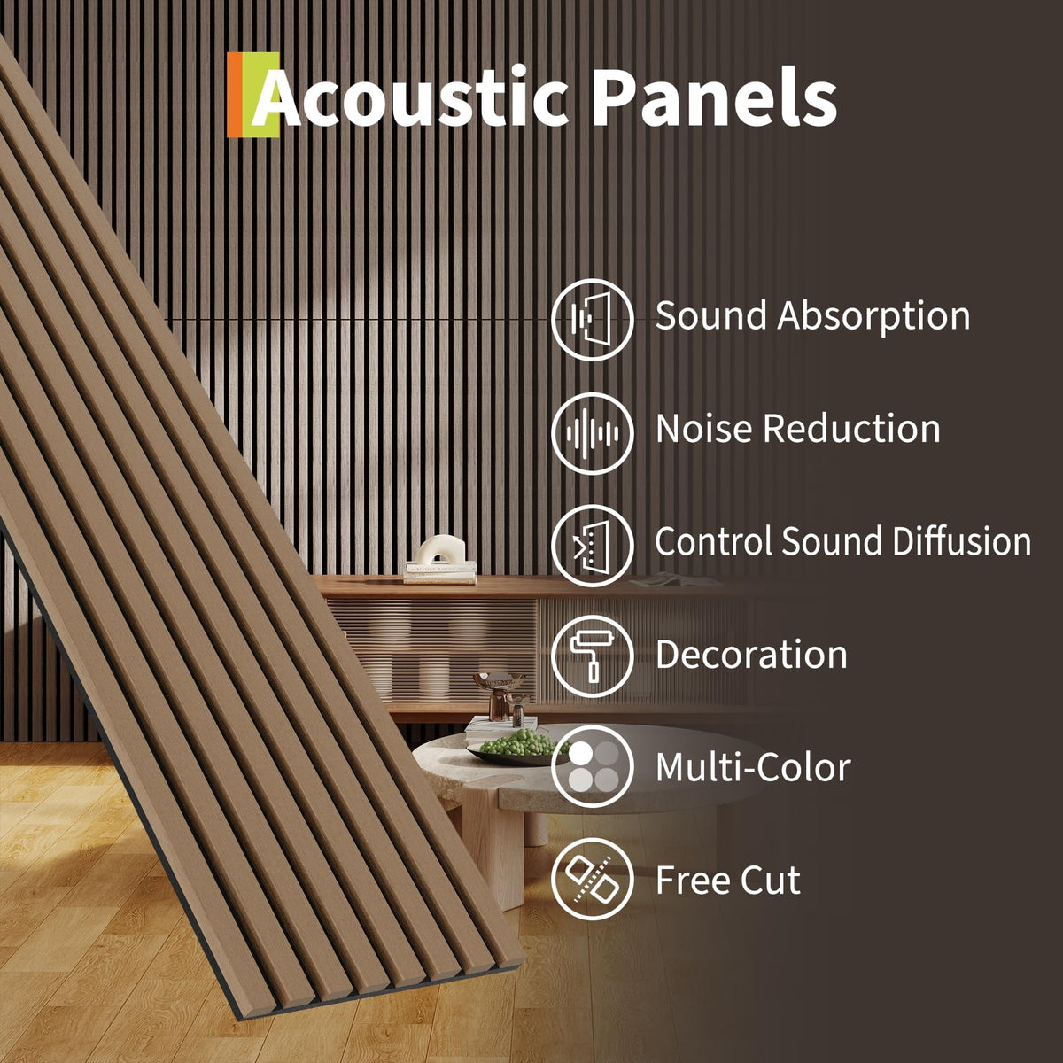 Garvee 4-Pack 3D Fluted Wood Slat Acoustic Panels, Soundproof Wall Panels, 47.2"x11.8", Brown