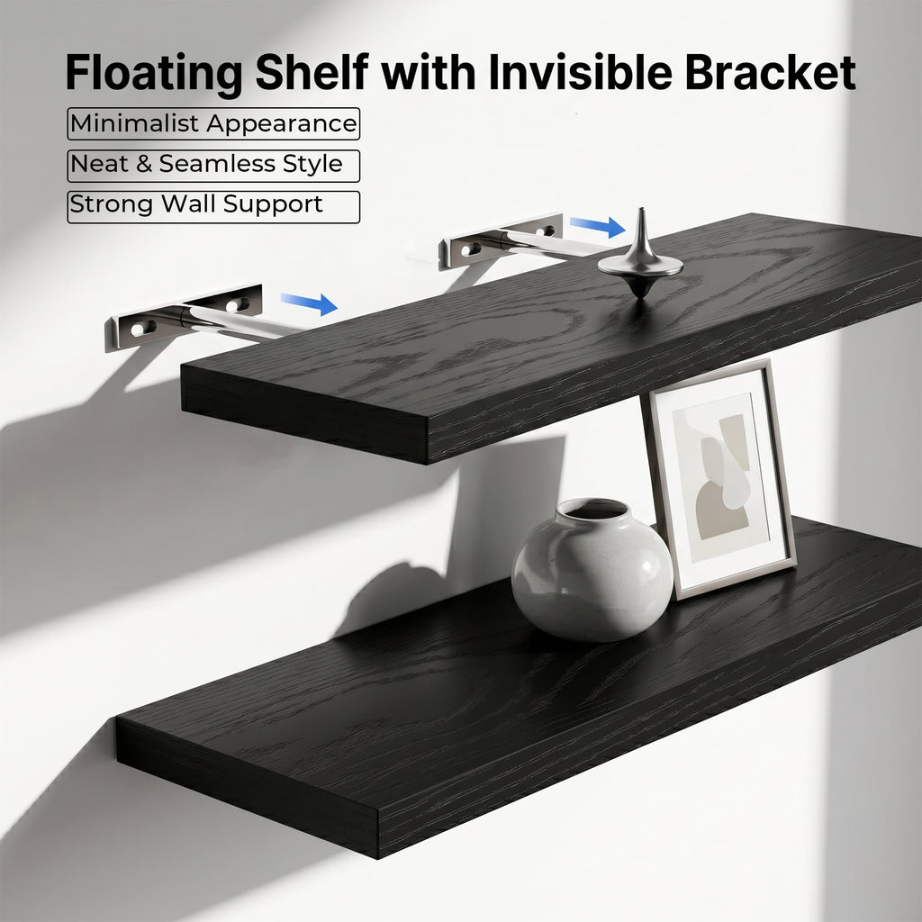 Riousery Floating Wall Shelves, Set of 3, 15.7" x 5.9" x 0.6", Black MDF Wood Wall Mounted Shelves for Bedroom, Bathroom, Living Room, Kitchen Storage & Display