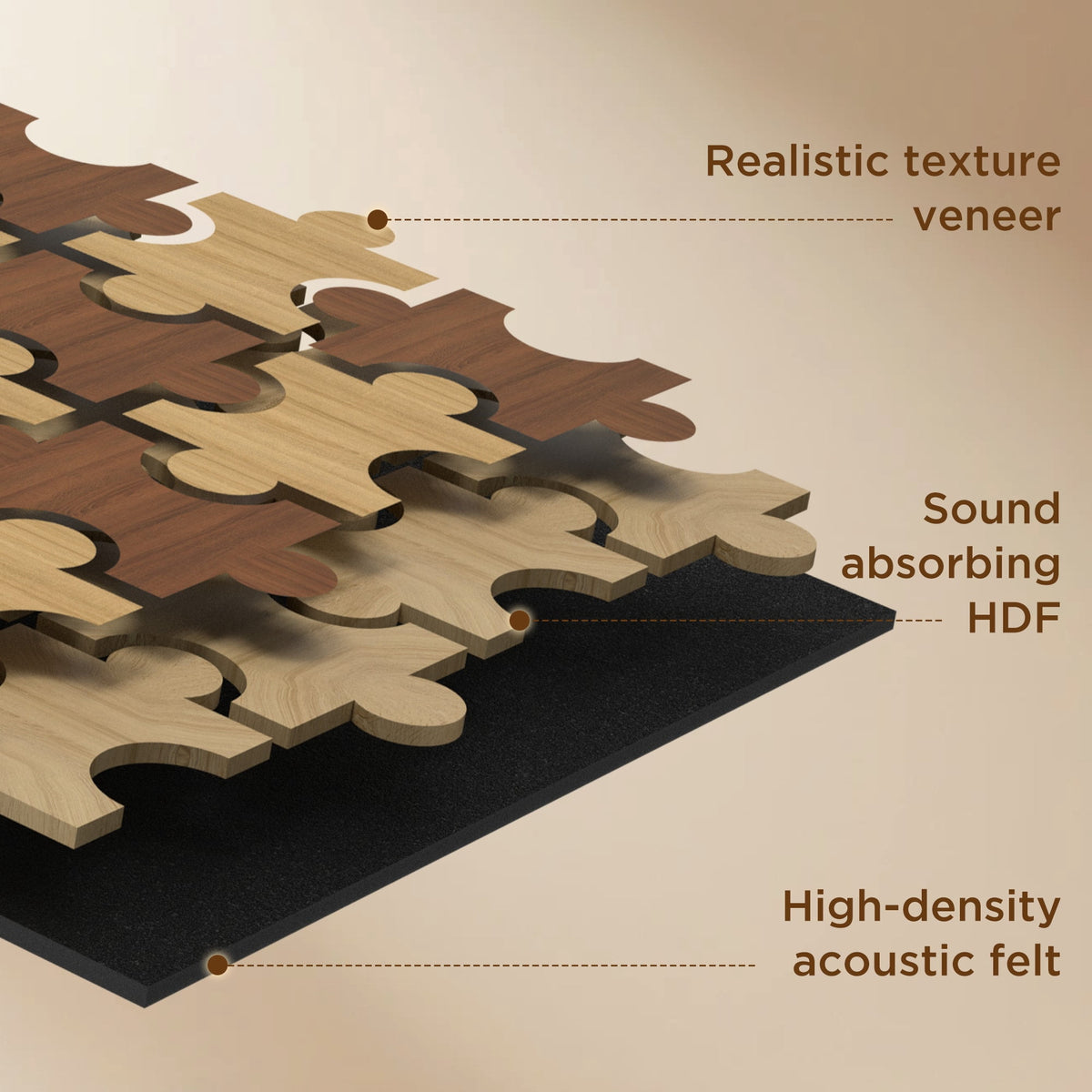 MuroPanel Interlocking Jigsaw Acoustic Wood Slat Wall Tiles 4-Pack 24"x24", 3D Wall Panels, Caramel