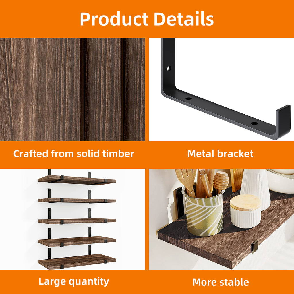 Fairy Floating Shelves, Rustic Wood Wall Storage Shelves Set of 5, 15.7in x 4.7in x 0.6in, Dark Carbonized Black