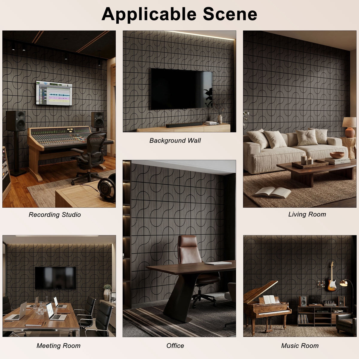 MuroPanel Geometric Curved Acoustic Wood Slat Wall Tiles 4-Pack 24"x24", Modern Black 3D Wall Panels
