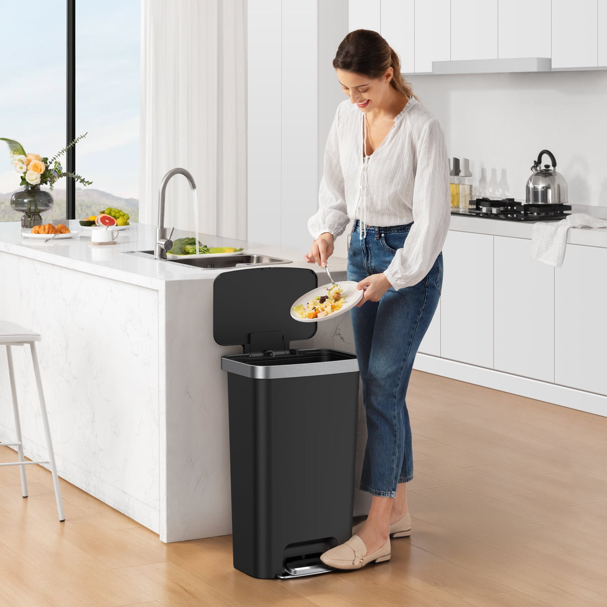 Better Homes & Gardens 11.9 Gallon Plastic Step Kitchen Trash Can with Soft Close Lid, Black