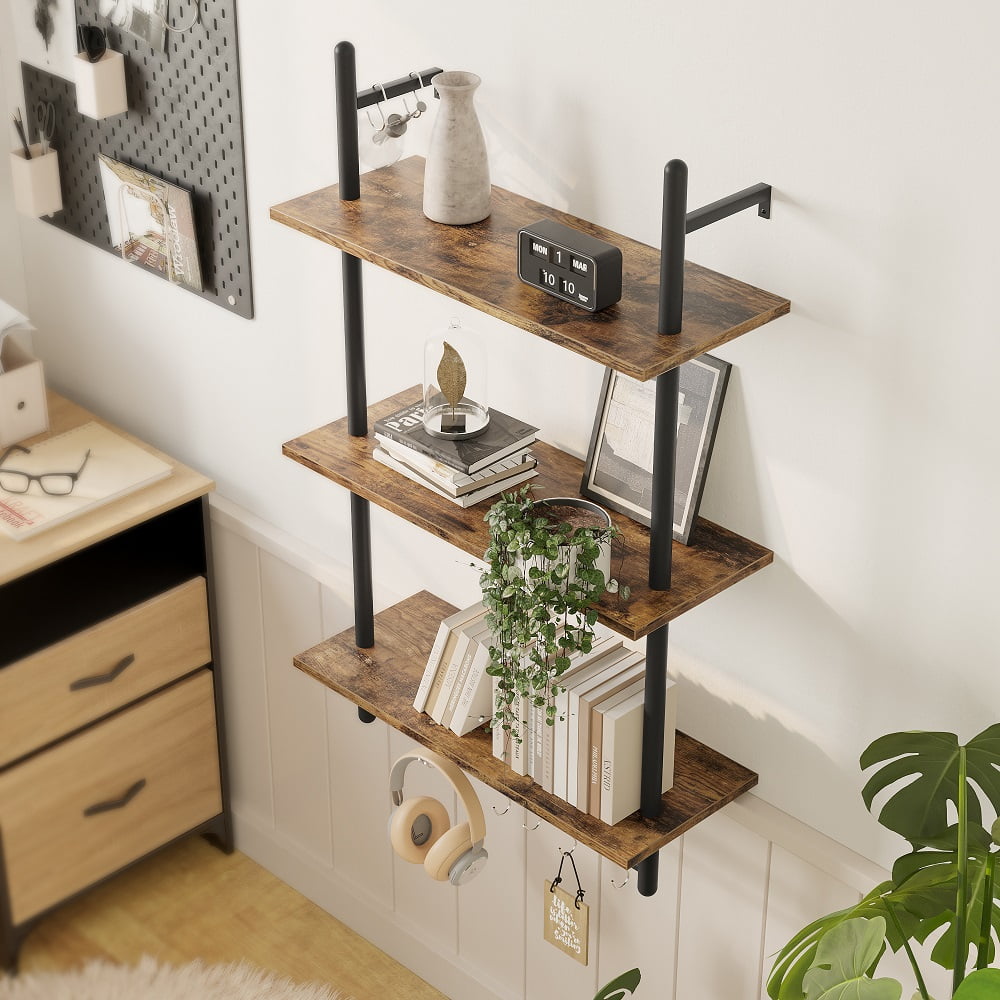 Bestier 38 inch Wall Mounted Floating Shelves with Towel Bar & Hooks Bookshelf in Rustic