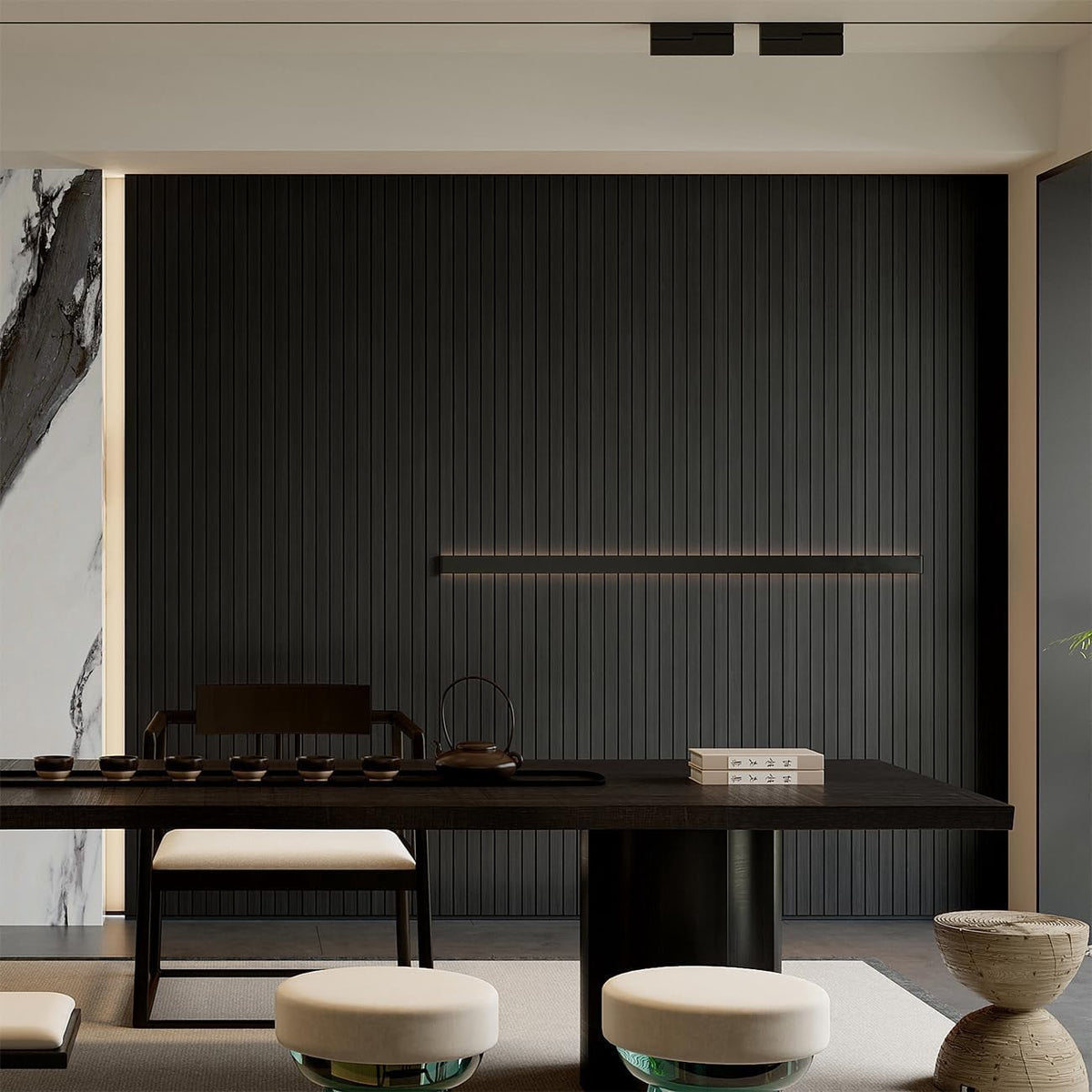 Peel and Stick PVC Slat Wall Panel 118"x15.75" Self-Adhesive Thick Faux Black Wood Grain Wallpaper Panel 3D Soundproof Wall Panels for Walls & Ceilings