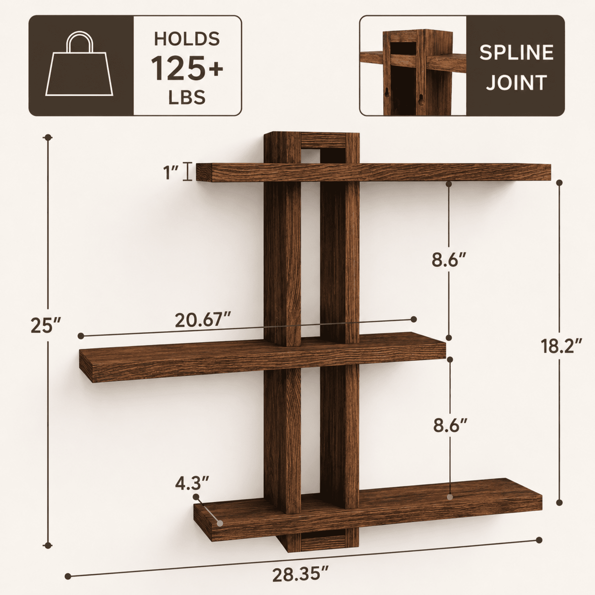 MEHOOM 3-Tier Wooden Floating Wall Shelf, Rustic Wall-Mounted Storage Shelves for Bedroom, Living Room, Farmhouse Wall Decor, 20in