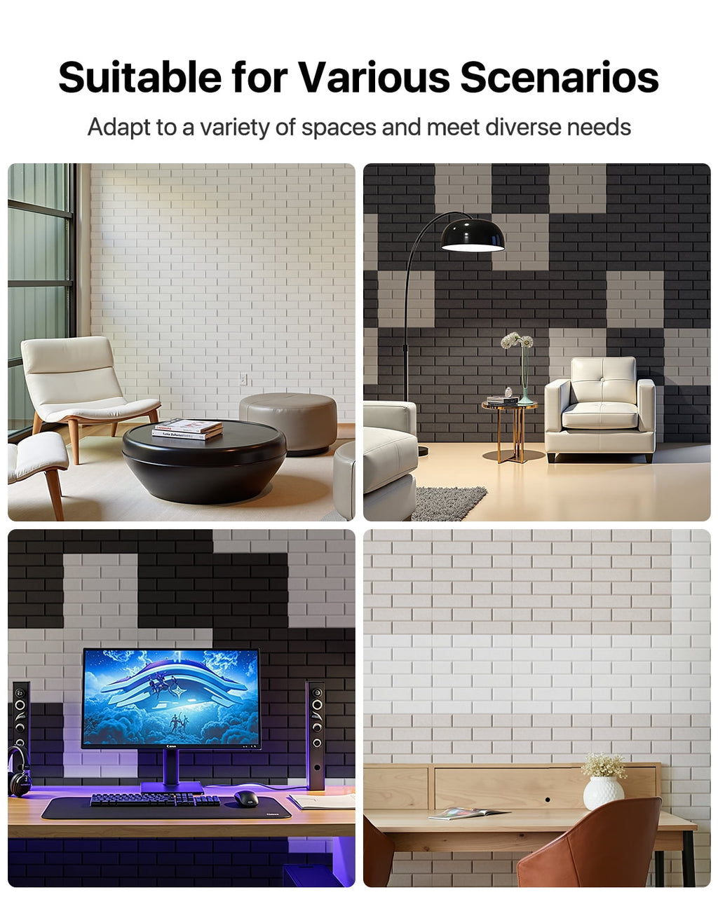 Soundsbay Acoustic Panels Sound Proofing Brick Self-Adhesive Soundproof Absorbing Noise Cancelling Wall Panels 12 Pack White 12'' x 12'' x 0.4''