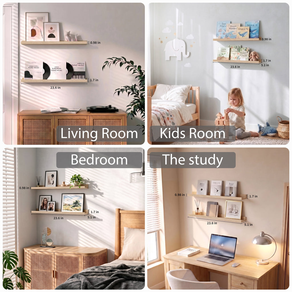 Mifurn Oak Wood Floating Shelf for Wall, 23.6 Inch Picture Ledge, Set of 2 for Bedroom and Living Room