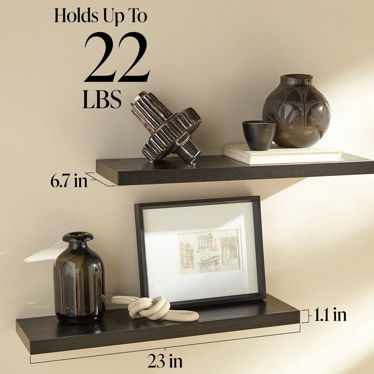 Ophanie 22.5 inch 3 Pack Wood Floating Shelves, Hanging Float Shelf for Wall Mounted Decorative Shelves, 6.7 x 23 Inch, Set of 3, Black