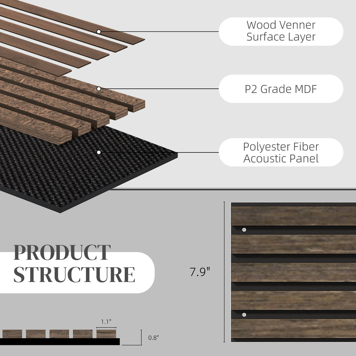 HOMCOM 95" x 8" 4 Pack Wood Wall Panels for Sound Absorbing, Acoustic Wood Panels for Interior Wall Decor, Ceiling, Walnut