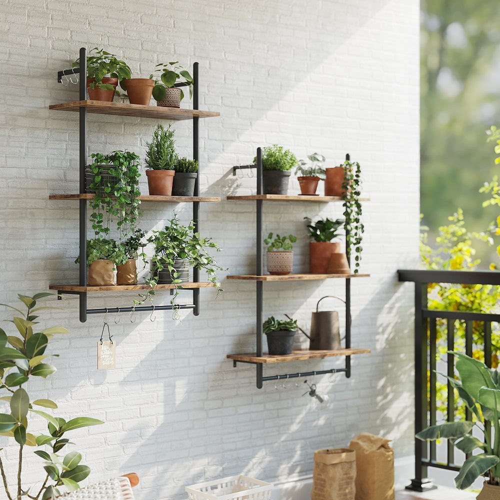Bestier 38 inch Wall Mounted Floating Shelves with Towel Bar & Hooks Bookshelf in Rustic