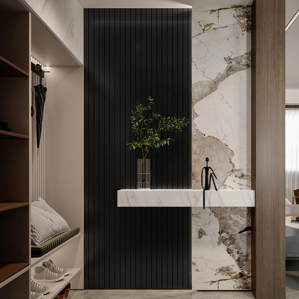 Yll Pvc Slat Wall Panel Peel And Stick 236"x 15.7" Faux Black Wood Grain Self-adhesive Wallpaper Soundproof 3d Panels