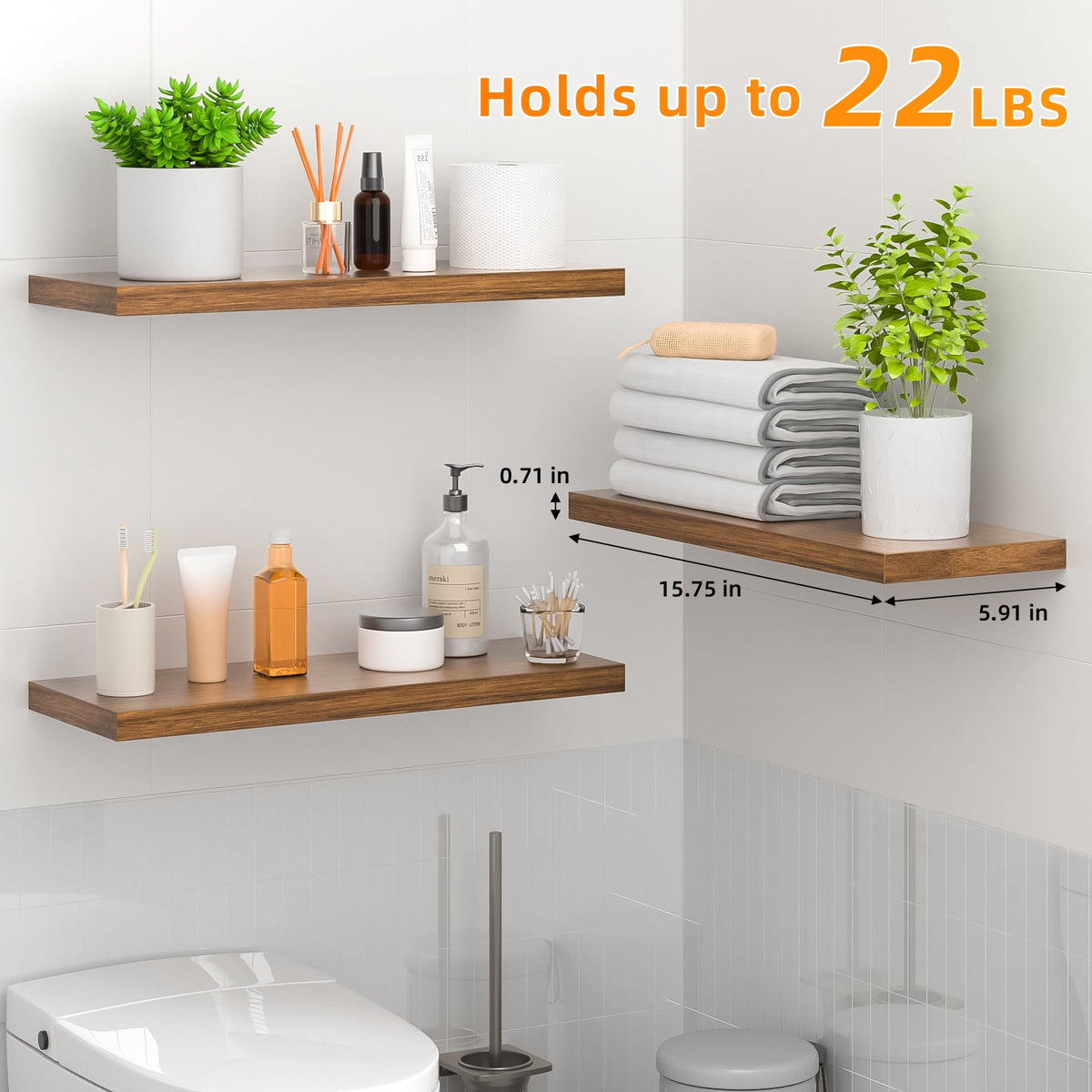 Cshidworld Floating Shelves for Wall, 16" Bathroom Shelf Rustic Wood with Metal Brackets, Floating Shelf for Bathroom, Living Room, Bedroom and Kitchen, Farmhouse Decor Set of 3, Rustic Brown