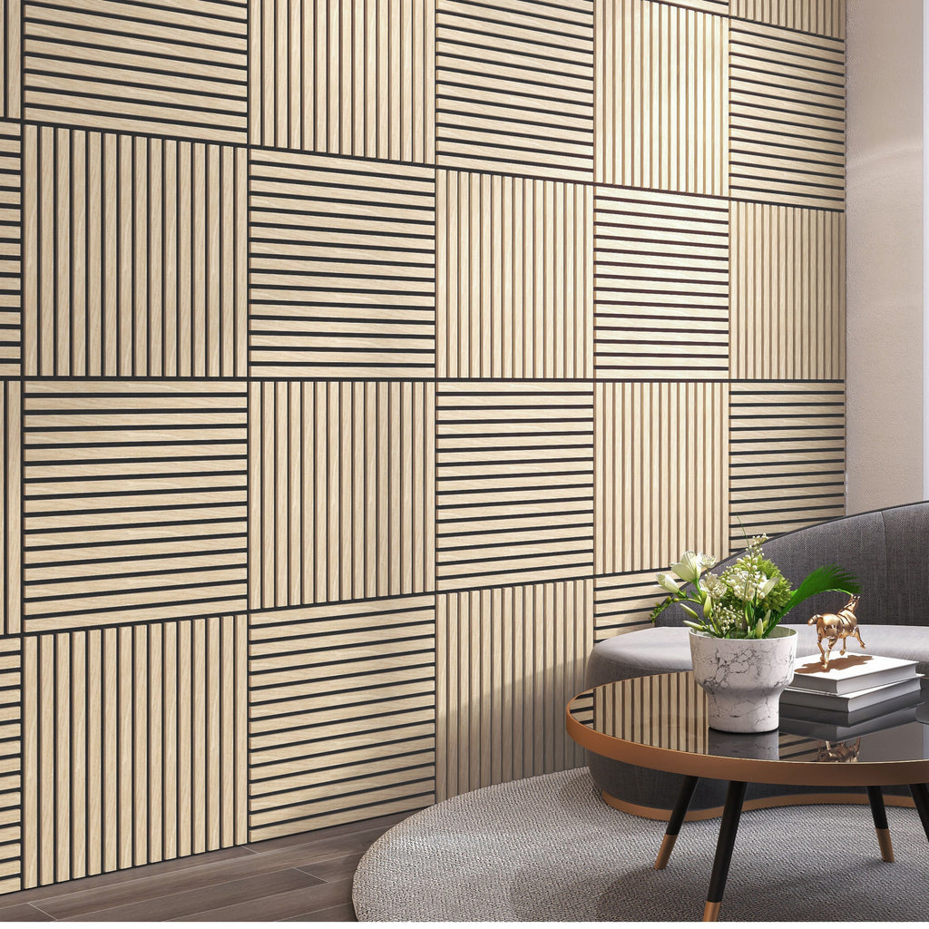Dundee Deco Acoustic Panels, Wooden Slats for Decor and Noise Reduction - 3D Wall Panels or Ceiling Panels - Oak Beige - Set of 2, Covers 7.8 sq ft