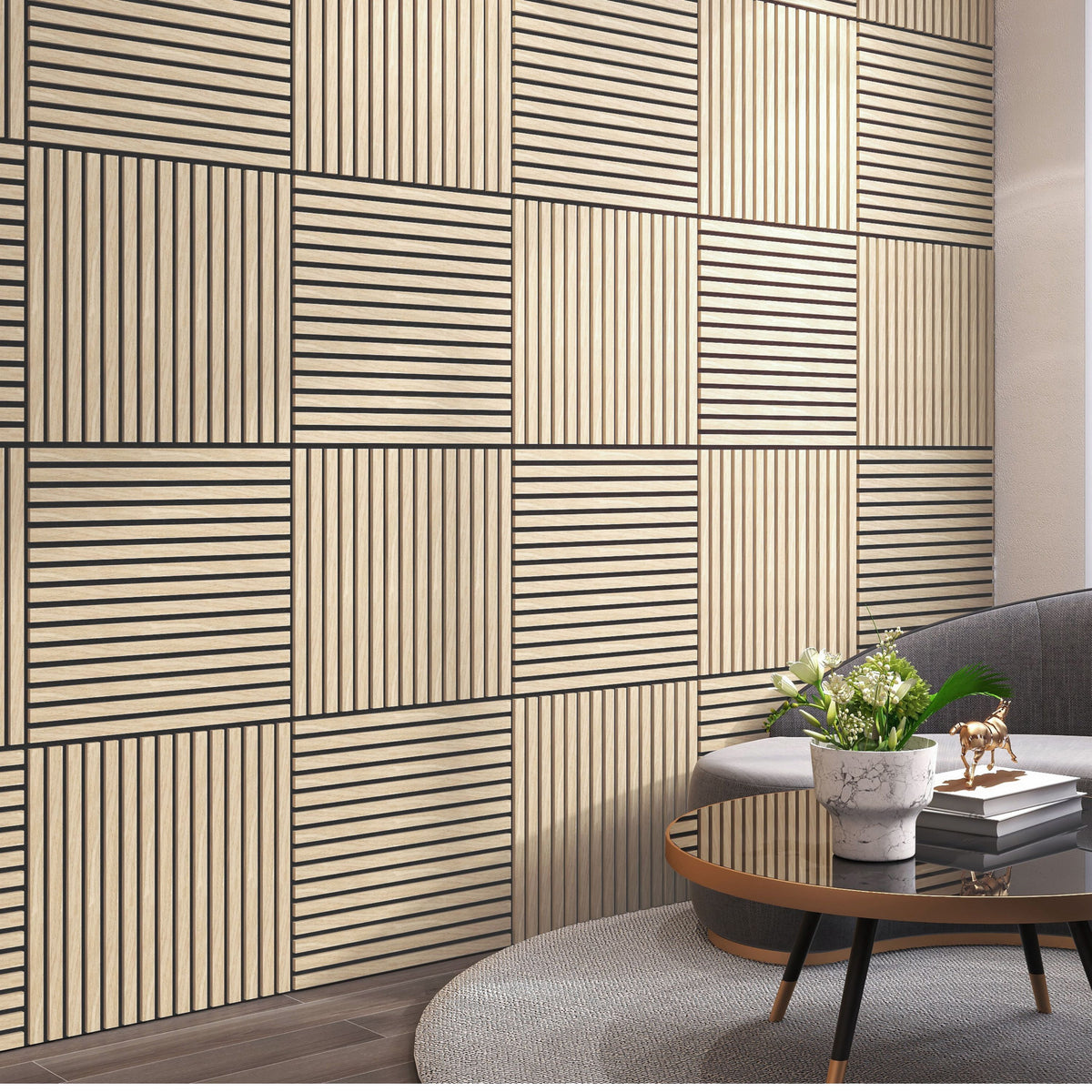 Dundee Deco Acoustic Panels, Wooden Slats for Decor and Noise Reduction - 3D Wall Panels or Ceiling Panels - Oak Beige - Set of 2, Covers 7.8 sq ft