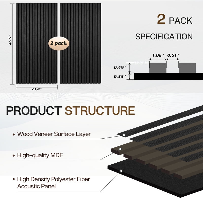 2 Pcs Acoustic Wood Wall Panels, 46.45" x 23.81" Wood Slat Soundproof Wall Panel Interior Acoustic Decorative Wood Panels, Wall Decoration Interior Wall Decor for Noise Reduction, Dark Oak