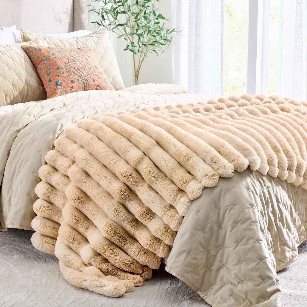 Better Homes & Gardens Beige Marbled Exaggerated Channel Faux Fur Oversized Throw, 50" x 72"