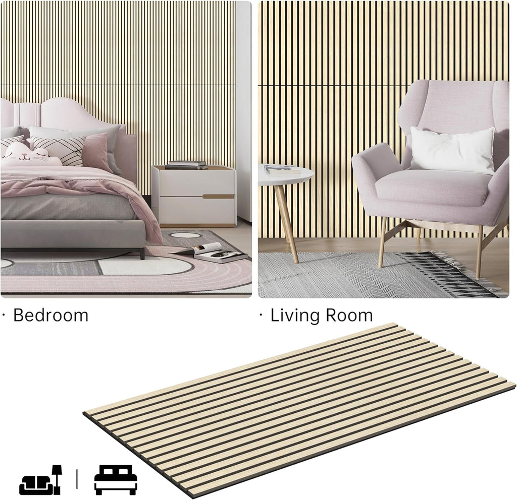 INTIGE Wood Slat Wall Panel 2 Pcs Soundproof Wall Panels 47.2 x 23.6 in Wood Wall Panels 3D Sound Dampening Panels Wall Decoration - Oak