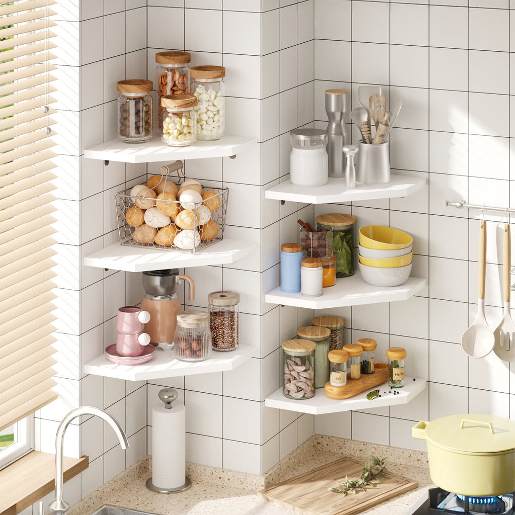 Fairy Corner Floating Shelves Set of 6, White Wall Mounted Corner Shelf for Bedroom, Bathroom, Living Room, Kitchen Storage and Decor