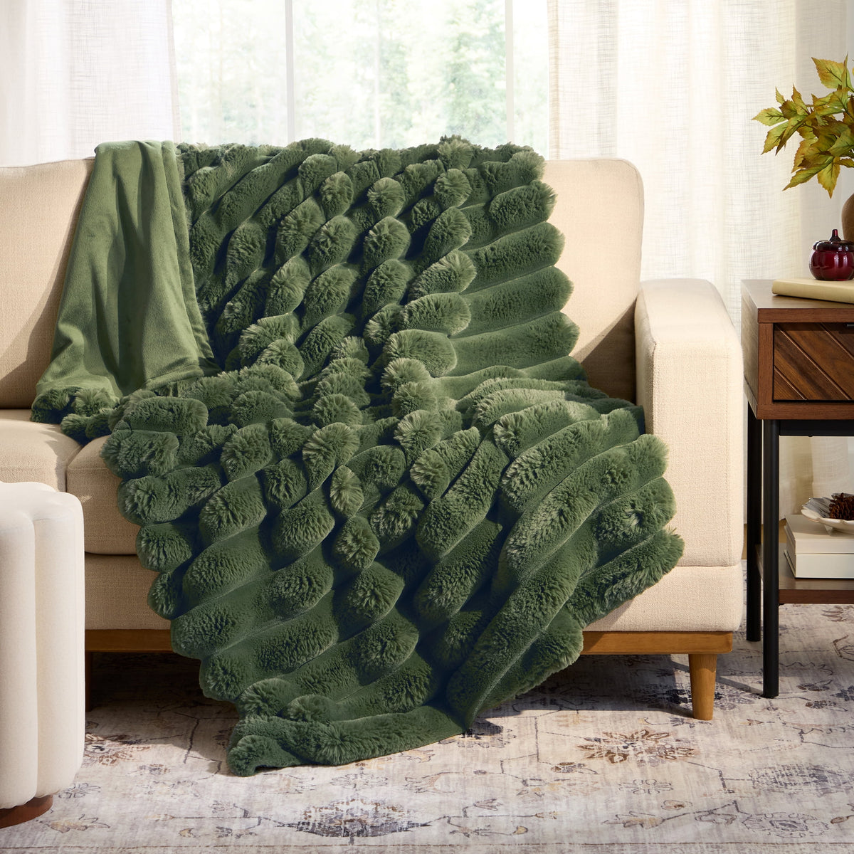 Halcyon Escape Gardens Beige Marbled Exaggerated Channel Faux Fur Oversized Throw, 50" x 72" - Throw