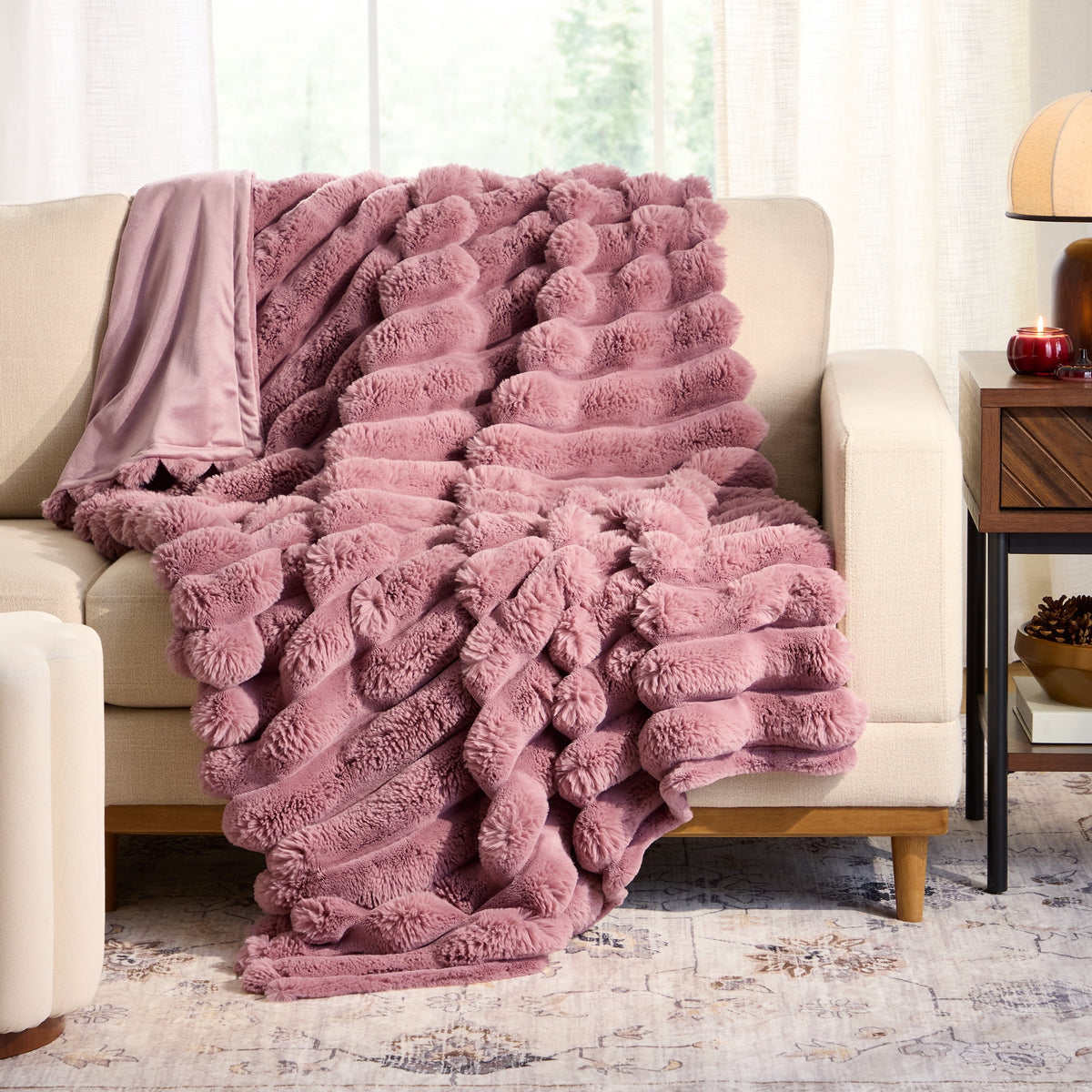 Halcyon Escape Gardens Beige Marbled Exaggerated Channel Faux Fur Oversized Throw, 50" x 72" - Throw