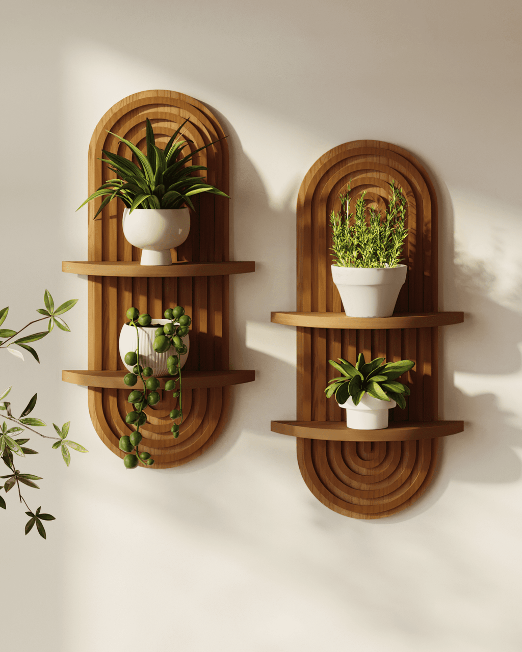 Bamworld Boho Wall Decor Brown Plant Wall Shelf, 2 pcs Mid Century Modern Decor Hanging Plant Shelf, 2-Tier Wooden Floating Shelves for Bathroom, Living Room, Bedroom, Office Planter Decoration
