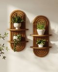 Bamworld Boho Wall Decor Brown Plant Wall Shelf, 2 pcs Mid Century Modern Decor Hanging Plant Shelf, 2-Tier Wooden Floating Shelves for Bathroom, Living Room, Bedroom, Office Planter Decoration