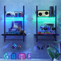 Bestier 2-Tier Floating Shelves for Wall with LED Light 15" x 23" Wall-Mounted Wood Shelves with 6 S-Hooks, Black Carbon Fiber