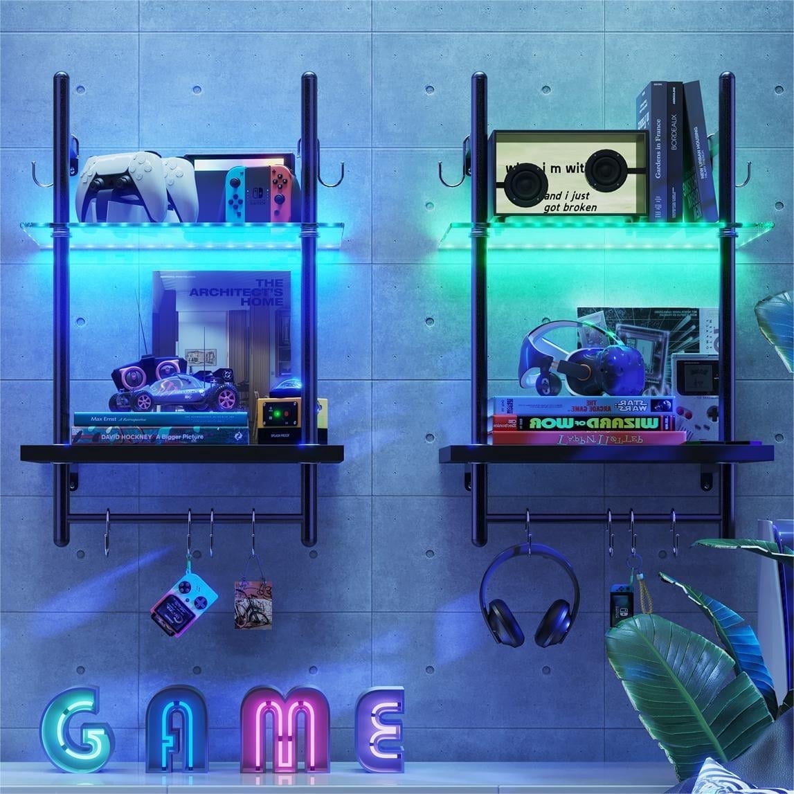 Bestier 2-Tier Floating Shelves for Wall with LED Light 15" x 23" Wall-Mounted Wood Shelves with 6 S-Hooks, Black Carbon Fiber