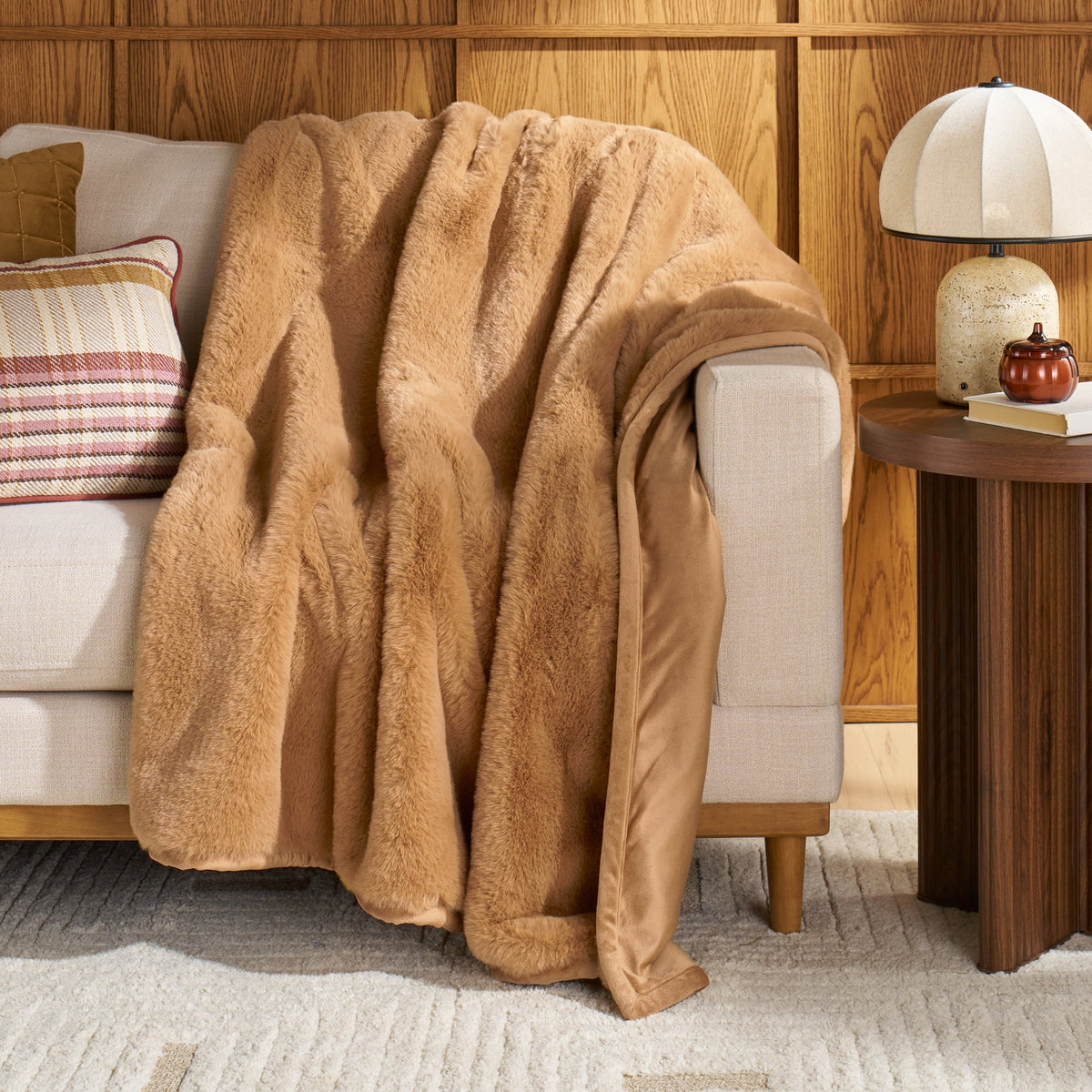 Halcyon Escape Gardens Beige Marbled Exaggerated Channel Faux Fur Oversized Throw, 50" x 72" - Throw