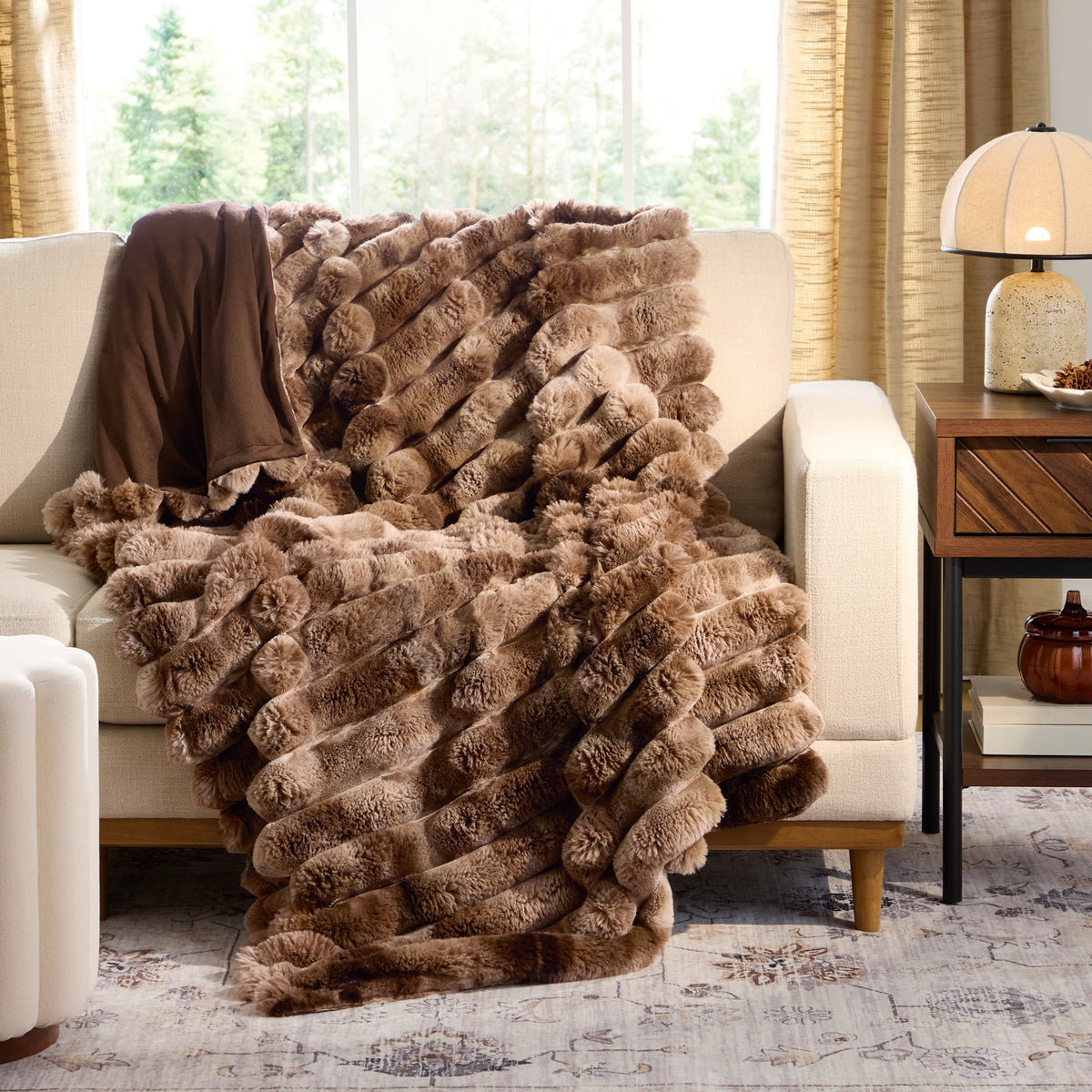 Halcyon Escape Gardens Beige Marbled Exaggerated Channel Faux Fur Oversized Throw, 50" x 72" - Throw
