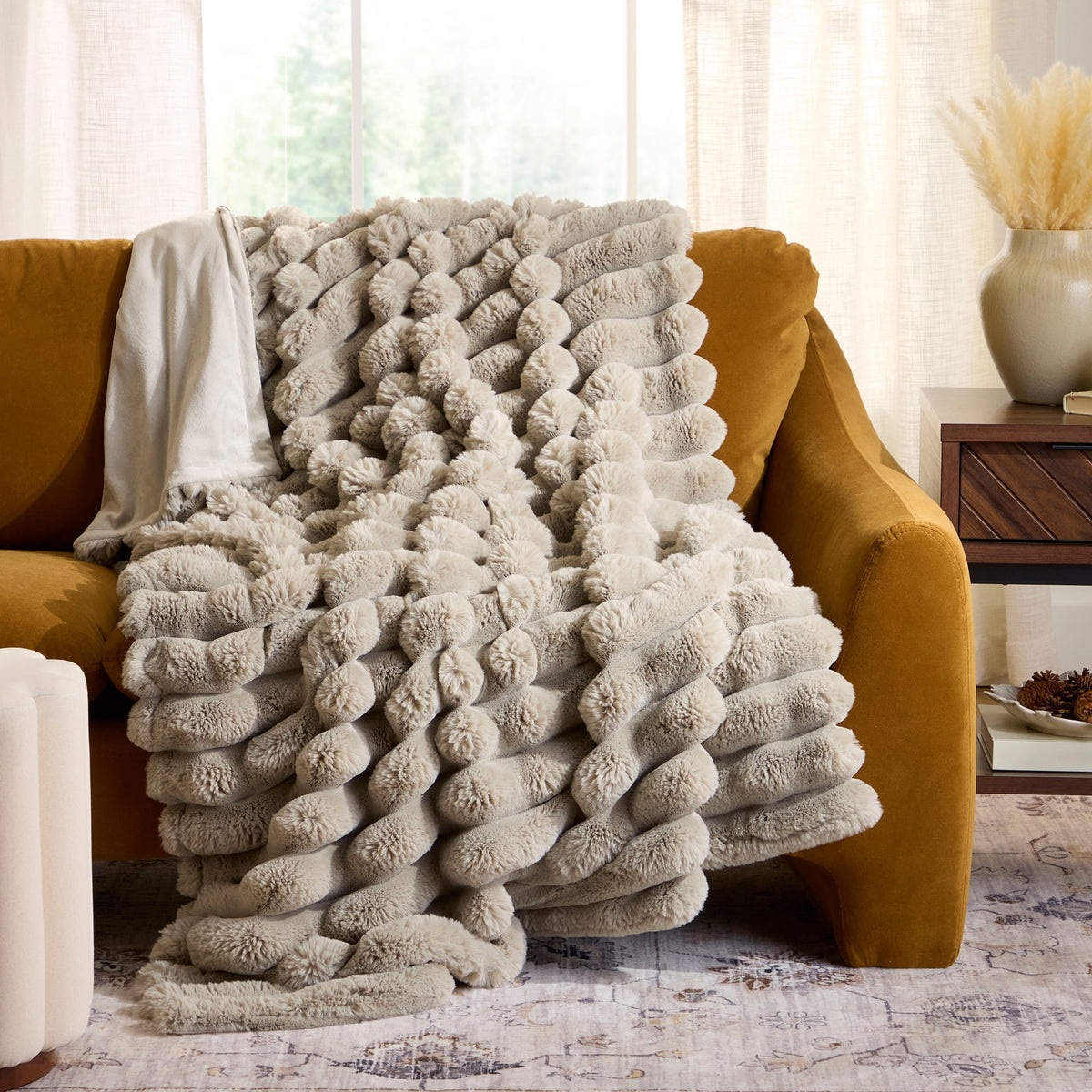 Halcyon Escape Gardens Beige Marbled Exaggerated Channel Faux Fur Oversized Throw, 50" x 72" - Throw