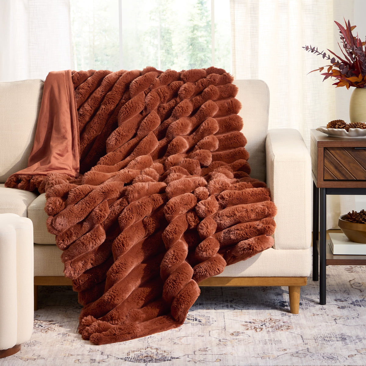 Halcyon Escape Gardens Beige Marbled Exaggerated Channel Faux Fur Oversized Throw, 50" x 72" - Throw