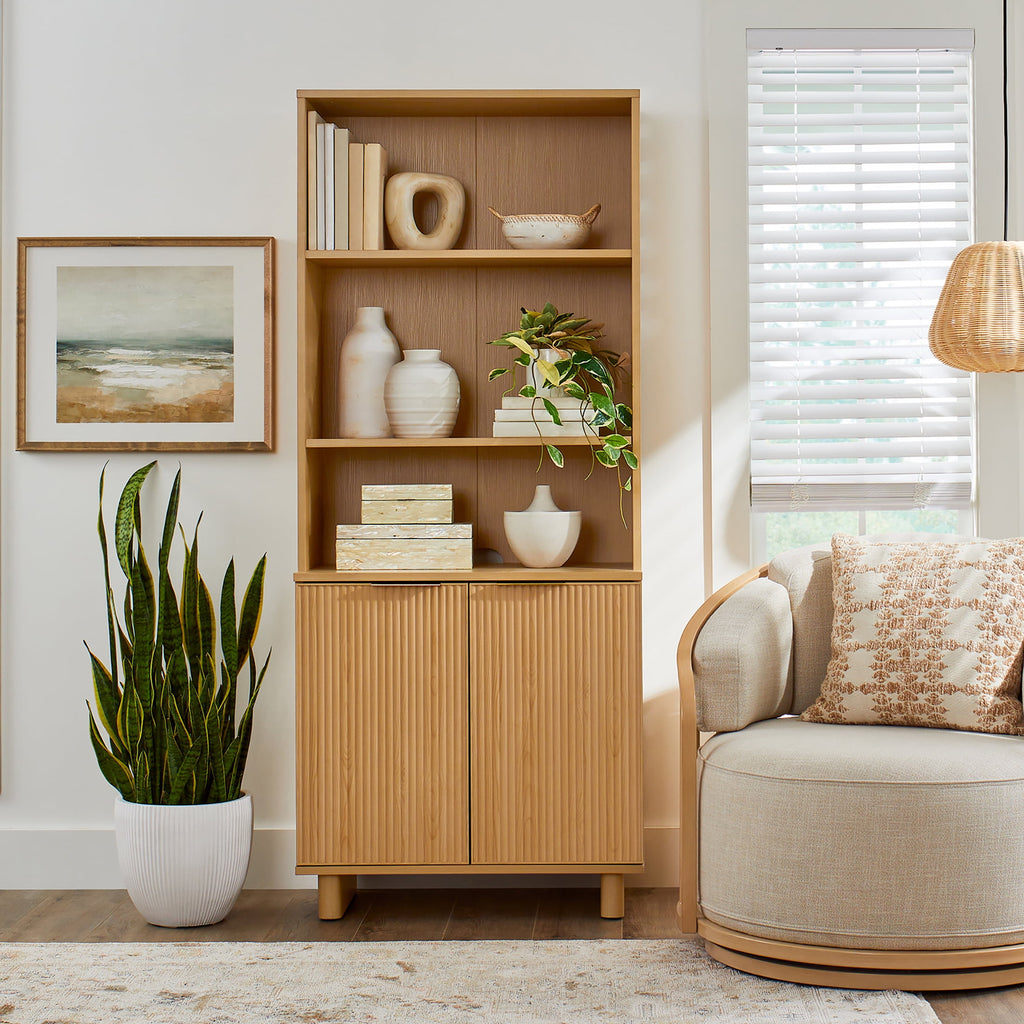 Halcyon Escape Gardens Lillian Fluted Bookcase with Doors, Walnut Finish - Bookcase